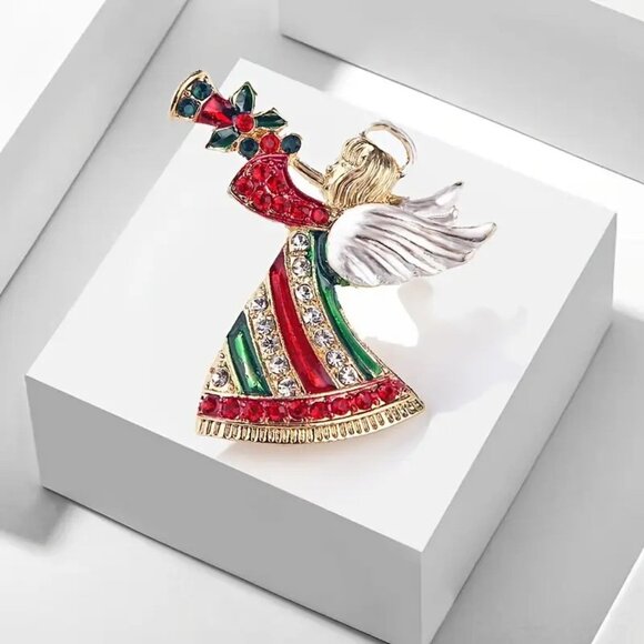 Elegant Christmas Angel Brooch, Trumpet-Playing Angel w Sparkling Rhinestones - Picture 2 of 3